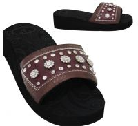 P&G Western Bling Wedge Flip Flops with Brown and Burgundy Leather and Crystal Rhinestones